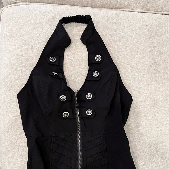 Black zip front backless halter top. military button details. Stretch fabric. - Picture 2 of 16